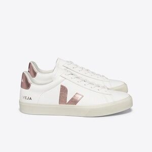 Veja campo leather sneakers with rose gold metallic detailing, US 5 / EUR 36